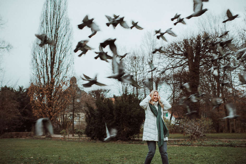 Winter Fotoshooting in Duesseldorf mit Tauben